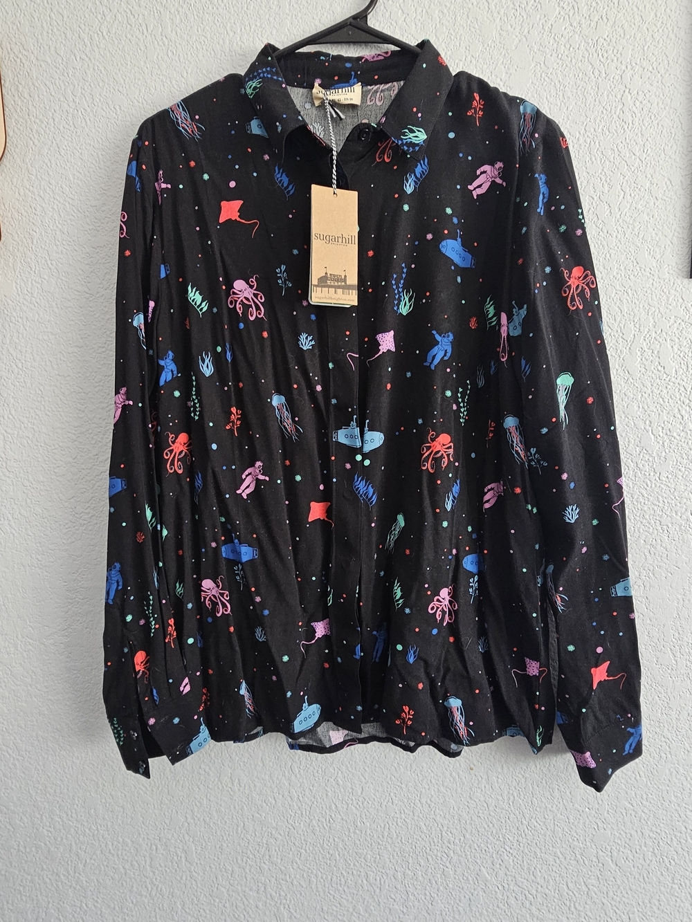 Sugarhill Brighton ModCloth Black Button-Up Shirt with Multicolor Ocean Motif